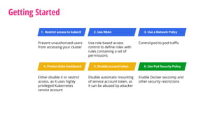 Getting Started
Prevent unauthorized users
from accessing your cluster
1. Restrict access to kubectl 2. Use RBAC
Use role-based access
control to define roles with
rules containing a set of
permissions
3. Use a Network Policy
Control pod to pod traffic
4. Protect Kube Dashboard
Either disable it or restrict
access, as it uses highly
privileged Kubernetes
service account
5. Disable account token
Disable automatic mounting
of service account token, as
it can be abused by attacker
6. Use Pod Security Policy
Enable Docker seccomp and
other security restrictions
 