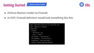 Getting Started 1. Restrict access to kubectl
K8s
name: kubernetes-allow-ssh-to-controller-api
type: compute.v1.firewall
properties:
allowed:
- IPProtocol: tcp
ports: ["6443"]
sourceTags: ["ssh-bastion"]
sourceRanges: ["10.10.0.0/16"]
targetTags: ["k8s-controller"]
network: global/networks/default
● Enforce Bastion model via Firewall
● In GCP, Firewall definition would look something like this:
 