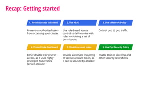 Recap: Getting started
Prevent unauthorized users
from accessing your cluster
1. Restrict access to kubectl 2. Use RBAC
Use role-based access
control to define roles with
rules containing a set of
permissions
3. Use a Network Policy
Control pod to pod traffic
4. Protect Kube Dashboard
Either disable it or restrict
access, as it uses highly
privileged Kubernetes
service account
5. Disable account token
Disable automatic mounting
of service account token, as
it can be abused by attacker
6. Use Pod Security Policy
Enable Docker seccomp and
other security restrictions
 