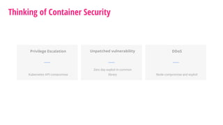 Thinking of Container Security
Privilege Escalation
Kubernetes API compromise
Unpatched vulnerability
Zero day exploit in common
library
DDoS
Node compromise and exploit
 
