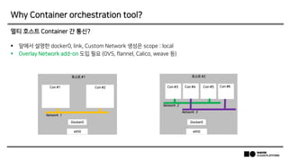 Why Container orchestration tool?
멀티 호스트 Container 간 통신?
 앞에서 설명한 docker0, link, Custom Network 생성은 scope : local
 Overlay Network add-on 도입 필요 (OVS, flannel, Calico, weave 등)
Con #3
호스트 #2
Docker0
호스트 #1
eth0 eth0
Docker0
Con #2 Con #4 Con #5 Con #6Con #1
Network 1
Network 2
Network 3
 