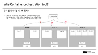 Why Container orchestration tool?
Container
Docker0
호스트 #1
Con #1 Con #2
eth0
Docker0
호스트 #2
Con #3 Con #4
eth0
Docker0
호스트 #3
eth0
Con #5 Con #6 Con #7 Con #8
? ? ?
추가 컨테이너는 어디에 위치?
 호스트 리소스 (CPU, MEM..)와 affinity 설정
등 여러 요소 기준으로 스케줄링 노드 선정 가능
 