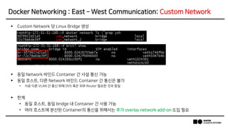  Custom Network 당 Linux Bridge 생성
 동일 Network 바인드 Container 간 사설 통신 가능
 동일 호스트, 다른 Network 바인드 Container 간 통신은 불가
• 서로 다른 VLAN 간 통신 위해 OVS 혹은 외부 Router 필요한 것과 동일
 한계
• 동일 호스트, 동일 bridge 내 Container 간 사용 가능
• 여러 호스트에 분산된 Container의 통신을 위해서는 추가 overlay network add-on 도입 필요
Docker Networking : East – West Communication: Custom Network
 