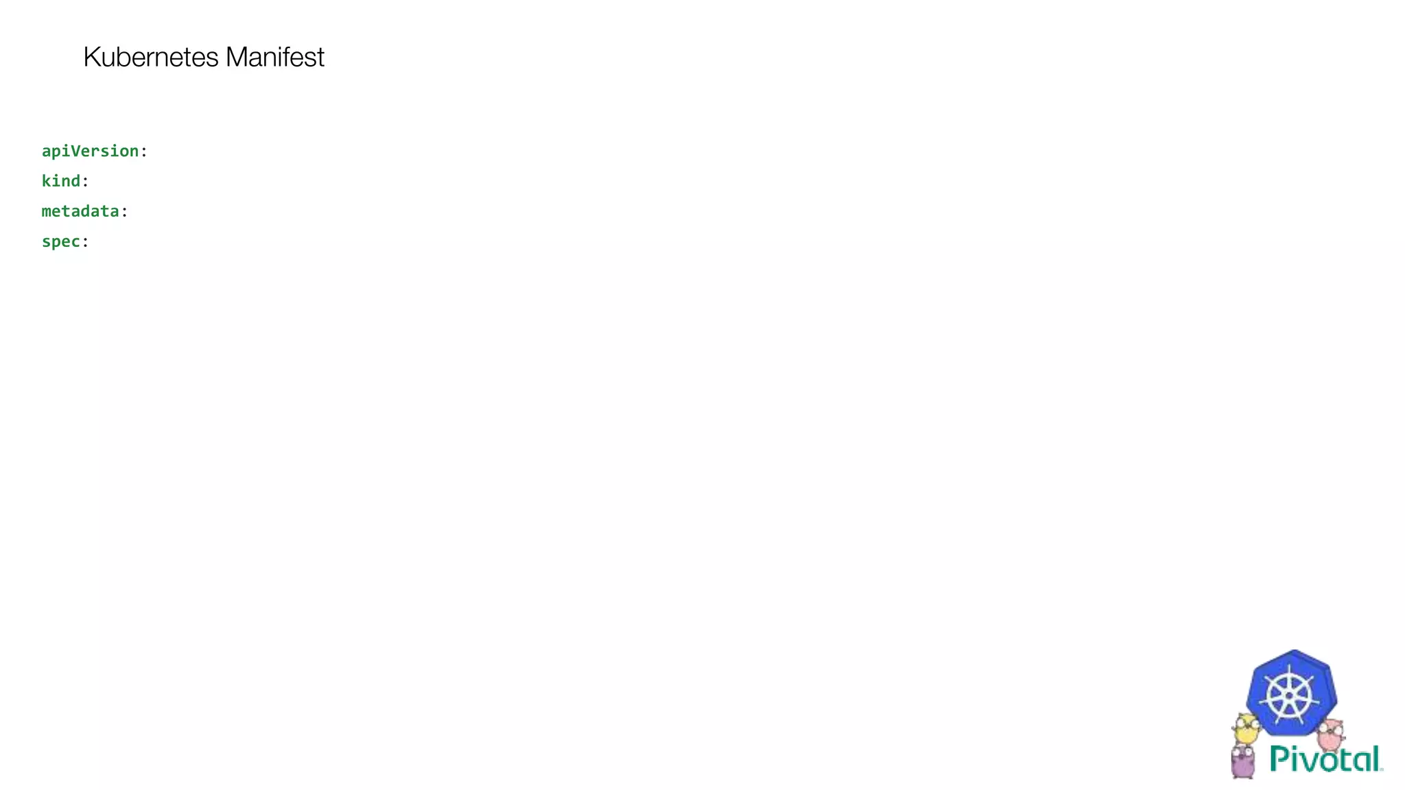 Kubernetes Manifest
apiVersion:
kind:
metadata:
spec:
 