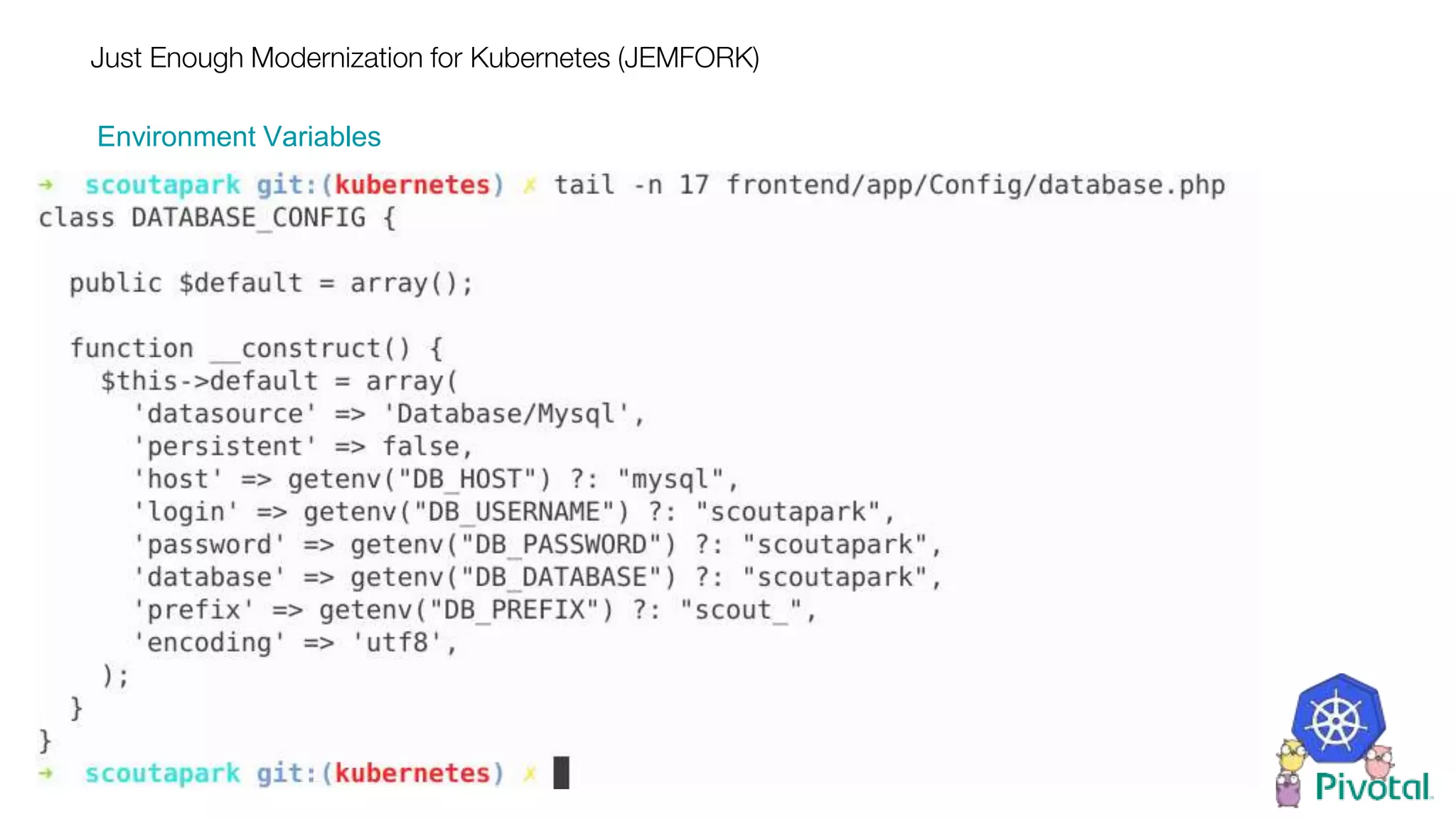 Just Enough Modernization for Kubernetes (JEMFORK)
Environment Variables
 