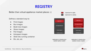 Scott McCarty Twitter: @fatherlinux Blog: bit.ly/fatherlinux
REGISTRY
Better than virtual appliance market places :-)
Deﬁnes a standard way to:
● Find images
● Run images
● Build new images
● Share images
● Pull images
● Introspect images
● Shell into running container
● Etc, etc, etc
 
