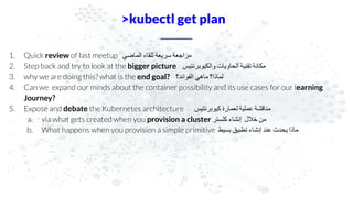 >kubectl get plan
1. Quick review of last meetup ‫اﻟﻣﺎﺿﻲ‬ ‫ﻟﻠﻘﺎء‬ ‫ﺳرﯾﻌﺔ‬ ‫ﻣراﺟﻌﺔ‬
2. Step back and try to look at the bigger picture ‫واﻟﻛﯾوﺑرﻧﺗﯾس‬ ‫اﻟﺣﺎوﯾﺎت‬ ‫ﺗﻘﻧﯾﺔ‬ ‫ﻣﻛﺎﻧﺔ‬
3. why we are doing this? what is the end goal? ‫اﻟﻔواﺋد؟‬ ‫ﻣﺎھﻲ‬ ‫ﻟﻣﺎذا؟‬
4. Can we expand our minds about the container possibility and its use cases for our learning
Journey?
5. Expose and debate the Kubernetes architecture ‫ﻛﯾوﺑرﻧﺗﯾس‬ ‫ﻟﻌﻣﺎرة‬ ‫ﻋﻣﻠﯾﺔ‬ ‫ﻣﻧﺎﻗﺷﺔ‬
a. via what gets created when you provision a cluster ‫ﻛﻠﺳﺗر‬ ‫إﻧﺷﺎء‬ ‫ﺧﻼل‬ ‫ﻣن‬
b. What happens when you provision a simple primitive ‫ﺑﺳﯾط‬ ‫ﺗطﺑﯾق‬ ‫إﻧﺷﺎء‬ ‫ﻋﻧد‬ ‫ﯾﺣدث‬ ‫ﻣﺎذا‬
 