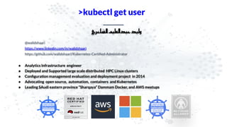 >kubectl get user
‫ي‬ ‫ا‬ ‫ال‬ ‫ي‬ ‫ال‬ ‫ب‬ ‫ي‬ ‫ل‬
@walidshaari
https://www.linkedin.com/in/walidshaari
https://github.com/walidshaari/Kubernetes-Certiﬁed-Administrator
● Analytics Infrastructure engineer
● Deployed and Supported large scale distributed HPC Linux clusters
● Conﬁguration management evaluation and deployment project in 2014
● Advocating open source, automation, containers and Kubernetes
● Leading SAudi eastern province “Sharqaya” Dammam Docker, and AWS meetups
 