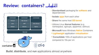 • Standardized packaging for software and
dependencies
• Isolate apps from each other
• Share the same host OS kernel
• Utilizes Linux Kernel features (e.g.
namespace, cgroups, apparmor, selinux)
• Microsoft have Windows Native Containers
• Lightweight application virtualization
• Consolidate 100s of applications per host
compared to 10s per vm
Review: containers? ‫ت‬ ‫يا‬ ‫ا‬ ‫ا‬
Build, distribute, and run applications almost anywhere
 