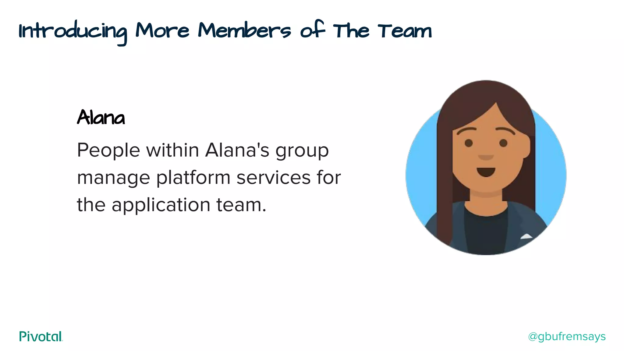 Introducing More Members of The Team
People within Alana's group
manage platform services for
the application team.
Alana
@gbufremsays
 