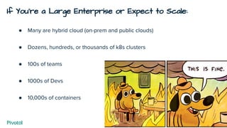 If You’re a Large Enterprise or Expect to Scale:
● Many are hybrid cloud (on-prem and public clouds)
● Dozens, hundreds, or thousands of k8s clusters
● 100s of teams
● 1000s of Devs
● 10,000s of containers
 