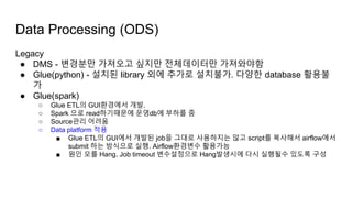 Legacy
● DMS - 변경분만 가져오고 싶지만 전체데이터만 가져와야함
● Glue(python) - 설치된 library 외에 추가로 설치불가. 다양한 database 활용불
가
● Glue(spark)
○ Glue ETL의 GUI환경에서 개발.
○ Spark 으로 read하기때문에 운영db에 부하를 줌
○ Source관리 어려움
○ Data platform 적용
■ Glue ETL의 GUI에서 개발된 job을 그대로 사용하지는 않고 script를 복사해서 airflow에서
submit 하는 방식으로 실행. Airflow환경변수 활용가능
■ 원인 모를 Hang. Job timeout 변수설정으로 Hang발생시에 다시 실행될수 있도록 구성
Data Processing (ODS)
 