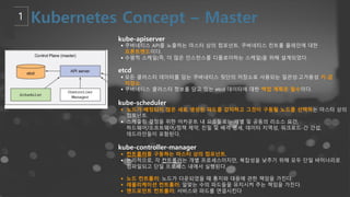 kube-apiserver
§ 쿠버네티스 API를 노출하는 마스터 상의 컴포넌트. 쿠버네티스 컨트롤 플레인에 대한
프론트엔드이다.
§ 수평적 스케일(즉, 더 많은 인스턴스를 디플로이하는 스케일)을 위해 설계되었다.
etcd
§ 모든 클러스터 데이터를 담는 쿠버네티스 뒷단의 저장소로 사용되는 일관성·고가용성 키-값
저장소.
§ 쿠버네티스 클러스터 정보를 담고 있는 etcd 데이터에 대한 백업 계획은 필수이다.
kube-scheduler
§ 노드가 배정되지 않은 새로 생성된 파드를 감지하고 그것이 구동될 노드를 선택하는 마스터 상의
컴포넌트.
§ 스케줄링 결정을 위한 어카운트 내 요소들로는 개별 및 공동의 리소스 요건,
하드웨어/소프트웨어/정책 제약, 친밀 및 배격 명세, 데이터 지역성, 워크로드-간 간섭,
데드라인들이 포함된다.
kube-controller-manager
§ 컨트롤러를 구동하는 마스터 상의 컴포넌트.
§ 논리적으로, 각 컨트롤러는 개별 프로세스이지만, 복잡성을 낮추기 위해 모두 단일 바이너리로
컴파일되고 단일 프로세스 내에서 실행된다.
§ 노드 컨트롤러: 노드가 다운되었을 때 통지와 대응에 관한 책임을 가진다.
§ 레플리케이션 컨트롤러: 알맞는 수의 파드들을 유지시켜 주는 책임을 가진다.
§ 엔드포인트 컨트롤러: 서비스와 파드를 연결시킨다
 