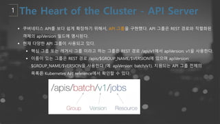 § 쿠버네티스 API를 보다 쉽게 확장하기 위해서, API 그룹을 구현했다. API 그룹은 REST 경로와 직렬화된
객체의 apiVersion 필드에 명시된다.
§ 현재 다양한 API 그룹이 사용되고 있다.
§ 핵심 그룹 또는 레거시 그룹 이라고 하는 그룹은 REST 경로 /api/v1에서 apiVersion: v1을 사용한다.
§ 이름이 있는 그룹은 REST 경로 /apis/$GROUP_NAME/$VERSION에 있으며 apiVersion:
$GROUP_NAME/$VERSION을 사용한다 (예: apiVersion: batch/v1). 지원되는 API 그룹 전체의
목록은 Kubernetes API reference에서 확인할 수 있다.
 