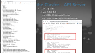 § 1. API 그룹 조회
§ 2. 노드 리스트 조회
- http://127.0.0.1:8001/api/v1/nodes/
- http://127.0.0.1:8001/api/v1/nodes/k8snode1
 