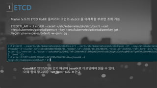 Master 노드의 ETCD Pod로 들어가서 그안의 etcdctl 을 아래처럼 부르면 조회 가능
ETCDCTL_API = 3 etcdctl --cacert =/etc/kubernetes/pki/etcd/ca.crt --cert
=/etc/kubernetes/pki/etcd/peer.crt --key =/etc/kubernetes/pki/etcd/peer.key get
/registry/namespaces/default -w=json | jq .
•base64로 인코딩되어 있기 때문에 base64로 디코딩해야 읽을 수 있다.
•이때 합의 알고리즘 “raft_term”:14도 보인다.
 