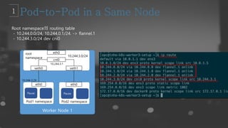 Root namespace의 routing table
- 10.244.0.0/24, 10.244.0.1/24. -> flannel.1
- 10.244.3.0/24 dev cni0
Worker Node 1
root
namespace
Pod1 namespace Pod2 namespace
eth0 eth0
veth0 veth1
eth0
cni0
Pause Pause
10.244.3.0/24
10.244.3.29
10.244.3.1
 
