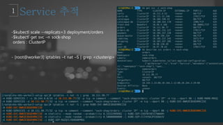 -$kubectl scale --replicats=3 deployment/orders
-$kubectl get svc –n sock-shop
orders : ClusterIP
- [root@worker3] iptables –t nat –S | grep <clusterip>
 