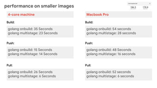 performance on smaller images
golang onbuild: 35 Seconds
golang multistage: 23 Seconds
Build:
golang onbuild: 15 Seconds
golang multistage: 14 Seconds
Push:
golang onbuild: 26 Seconds
golang multistage: 6 Seconds
Pull:
4-core machine
golang onbuild: 54 seconds
golang multistage: 28 seconds
Build:
golang onbuild: 48 Seconds
golang multistage: 16 seconds
Push:
golang onbuild: 52 seconds
golang multistage: 6 seconds
Pull:
Macbook Pro
 