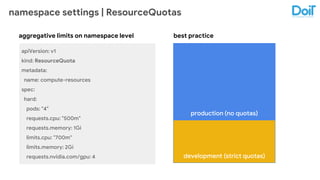 namespace settings | ResourceQuotas
apiVersion: v1
kind: ResourceQuota
metadata:
name: compute-resources
spec:
hard:
pods: "4"
requests.cpu: "500m"
requests.memory: 1Gi
limits.cpu: "700m"
limits.memory: 2Gi
requests.nvidia.com/gpu: 4
production (no quotas)
development (strict quotas)
aggregative limits on namespace level best practice
 