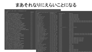 $ kubectl get pods --namespace hcf
NAME READY STATUS RESTARTS AGE
api-0-3675919467-21xhl 1/1 Running 1 9d
api-worker-0-3049882539-wd471 1/1 Running 0 9d
blobstore-0-406600704-3xf7x 1/1 Running 0 9d
cf-usb-0-2602224866-2ml4s 1/1 Running 2 9d
clock-global-0-1009240702-nfhb5 1/1 Running 0 9d
consul-0-863739302-mdm4c 1/1 Running 0 9d
couchdb-0-2033217656-jsxjk 1/1 Running 0 9d
demophon-0-1589950246-ll3cp 1/1 Running 0 9d
diego-access-0-1403987635-lvgsh 1/1 Running 0 9d
diego-brain-0-1640103366-8p8pz 1/1 Running 0 9d
diego-cc-bridge-0-981728410-mxsl7 1/1 Running 0 9d
diego-cell-0-2030030692-5pgfm 1/1 Running 0 9d
diego-database-0-3897369900-dwxk8 1/1 Running 0 9d
diego-route-emitter-0-3163492945-sm4jj 1/1 Running 0 9d
doppler-0-211362913-p1xm2 1/1 Running 0 9d
etcd-0-1301000978-z8014 1/1 Running 0 9d
hcf-sso-0-3715387895-4mxfp 1/1 Running 0 9d
hcf-versions-0-933758475-bcrt3 1/1 Running 0 9d
loggregator-0-2291018957-drb6s 1/1 Running 0 9d
mysql-0-3695449249-n8sm2 1/1 Running 0 9d
mysql-proxy-0-3480694567-3bnbh 1/1 Running 0 9d
nats-0-2826367294-xn5gb 1/1 Running 0 9d
persi-broker-0-107551493-xq7tl 1/1 Running 0 9d
router-0-4123958387-ghl96 1/1 Running 0 9d
routing-api-0-3365362741-22x9f 1/1 Running 0 9d
sclr-api-0-2749608661-5q8nd 1/1 Running 0 9d
sclr-broker-0-4265049362-r184m 1/1 Running 0 9d
sclr-server-0-636657571-l6zdb 1/1 Running 0 9d
tcp-router-0-2904721089-8jz70 1/1 Running 0 9d
まあそれなりにえらいことになる
$ kubectl get service --namespace hcf
NAME CLUSTER-IP EXTERNAL-IP PORT(S)
api-0-int 172.16.62.41 <none> 9022/TCP,8125/TCP
api-int 172.16.193.165 <none> 9022/TCP,8125/TCP
blobstore-0-int 172.16.254.164 <none> 8080/TCP,4443/TCP
blobstore-int 172.16.195.202 <none> 8080/TCP,4443/TCP
cf-usb-0-int 172.16.179.174 <none> 24054/TCP,24053/TCP
cf-usb-int 172.16.44.191 <none> 24054/TCP,24053/TCP
consul-0-int 172.16.30.10 <none> 8300/TCP,8301/TCP,8301/UDP,8302/TCP,8302/UD
consul-int 172.16.153.248 <none> 8300/TCP,8301/TCP,8301/UDP,8302/TCP,8302/UD
couchdb-0-int 172.16.73.182 <none> 5984/TCP
couchdb-int 172.16.22.18 <none> 5984/TCP
demophon-0-int 172.16.91.108 <none> 8443/TCP
demophon-int 172.16.156.236 <none> 8443/TCP
diego-access 172.16.211.162 10.1.1.21,15.... 2222:31355/TCP
diego-access-0 172.16.191.62 <none> 2222/TCP
diego-access-0-int 172.16.205.130 <none> 8080/TCP
diego-access-int 172.16.179.227 <none> 8080/TCP
diego-brain-0-int 172.16.144.2 <none> 9016/TCP
diego-brain-int 172.16.171.161 <none> 9016/TCP
diego-cc-bridge-0-int 172.16.31.89 <none> 8787/TCP,17006/TCP,17007/TCP,17011/TCP,8888
diego-cc-bridge-int 172.16.53.40 <none> 8787/TCP,17006/TCP,17007/TCP,17011/TCP,8888
diego-cell-0-int 172.16.238.223 <none> 1801/TCP
diego-cell-int 172.16.131.150 <none> 1801/TCP
diego-database-0-int 172.16.19.146 <none> 5678/TCP,8889/TCP,17017/TCP
diego-database-int 172.16.109.29 <none> 5678/TCP,8889/TCP,17017/TCP
doppler-0-int 172.16.180.170 <none> 3456/TCP,3457/UDP,3458/TCP
doppler-int 172.16.167.20 <none> 3456/TCP,3457/UDP,3458/TCP
etcd-0-int 172.16.66.115 <none> 4001/TCP,7001/TCP
etcd-int 172.16.135.142 <none> 4001/TCP,7001/TCP
glusterfs-cluster 172.16.187.20 <none> 1/TCP
hcf-sso-0-int 172.16.196.38 <none> 3000/TCP
hcf-sso-int 172.16.75.14 <none> 3000/TCP
hcf-versions-0-int 172.16.59.125 <none> 3000/TCP
hcf-versions-int 172.16.201.104 <none> 3000/TCP
loggregator-0-int 172.16.152.30 <none> 8080/TCP,8081/TCP
loggregator-int 172.16.50.41 <none> 8080/TCP,8081/TCP
mysql-0-int 172.16.207.245 <none> 3306/TCP,4567/TCP,4567/UDP,4568/TCP,9200/TC
 