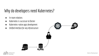 Denis Romaniuk
Why do developers need Kubernetes?
● In-team relations
● Kubernetes is successor to Docker
● Kubernetes-native apps development
● Uniﬁed interface for any infrastructure
 