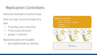 Replication Controllers
Replication	Controller
Replication	Controller
- Name	=	“backend”
- Selector	=	{“name”:	“backend”}
- Template	=	{	...	}
- NumReplicas	=	4
API	Server
3
Start	1	
more
OK 4
How	
many?
How	
many?
Canonical	example	of	control	loops
Have	one	job:	ensure	N	copies	of	a	
pod
• if	too	few,	start	new	ones
• if	too	many,	kill	some
• group	==	selector
Replicated	pods	are	fungible
• No	implied	order	or	identity
 