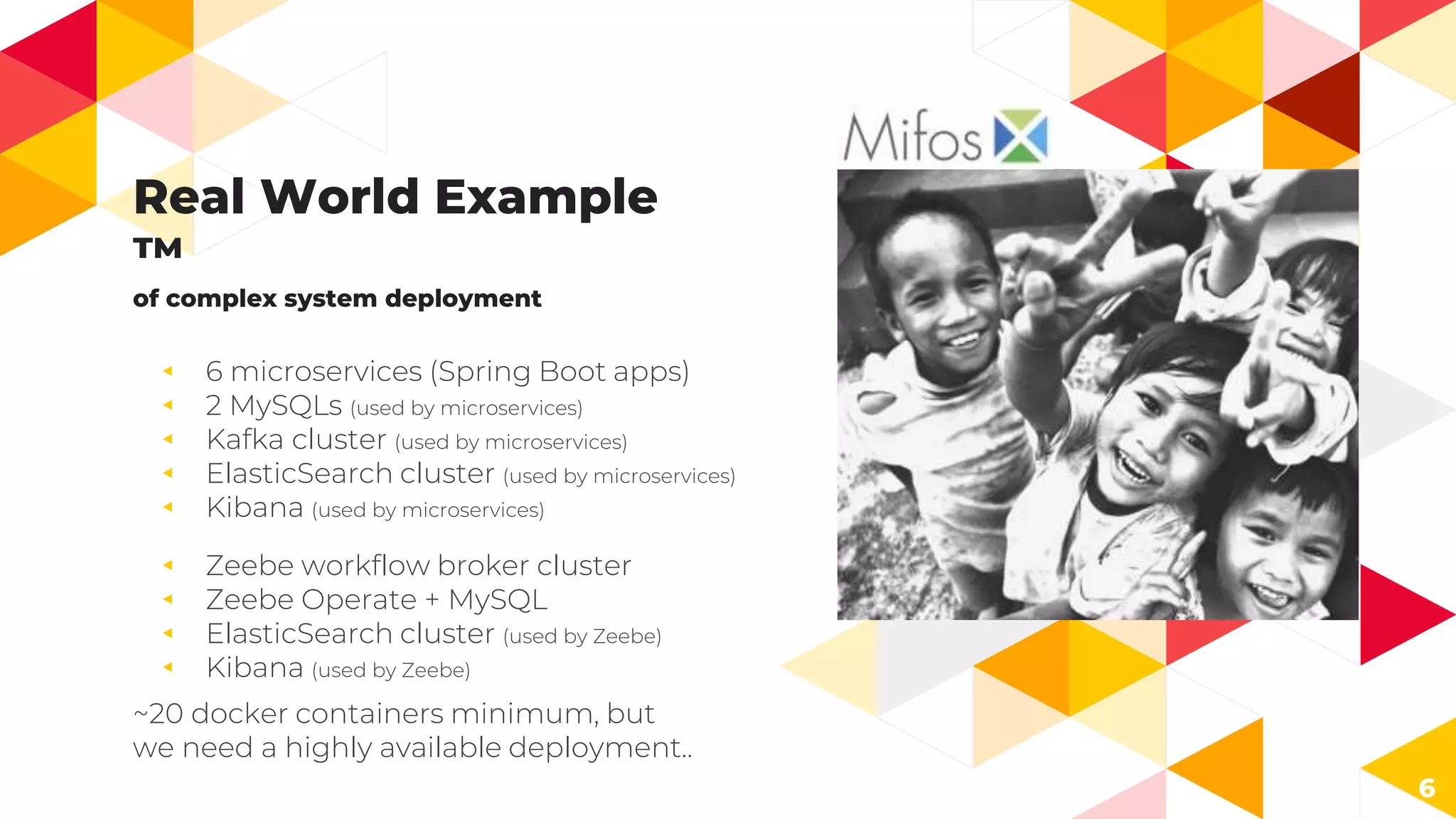 Real World Example
™️
of complex system deployment
◂ 6 microservices (Spring Boot apps)
◂ 2 MySQLs (used by microservices)
◂ Kafka cluster (used by microservices)
◂ ElasticSearch cluster (used by microservices)
◂ Kibana (used by microservices)
◂ Zeebe workflow broker cluster
◂ Zeebe Operate + MySQL
◂ ElasticSearch cluster (used by Zeebe)
◂ Kibana (used by Zeebe)
~20 docker containers minimum, but
we need a highly available deployment..
6
 