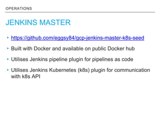 OPERATIONS
JENKINS MASTER
▸https://github.com/eggsy84/gcp-jenkins-master-k8s-seed
▸Built with Docker and available on public Docker hub
▸Utilises Jenkins pipeline plugin for pipelines as code
▸Utilises Jenkins Kubernetes (k8s) plugin for communication
with k8s API
 