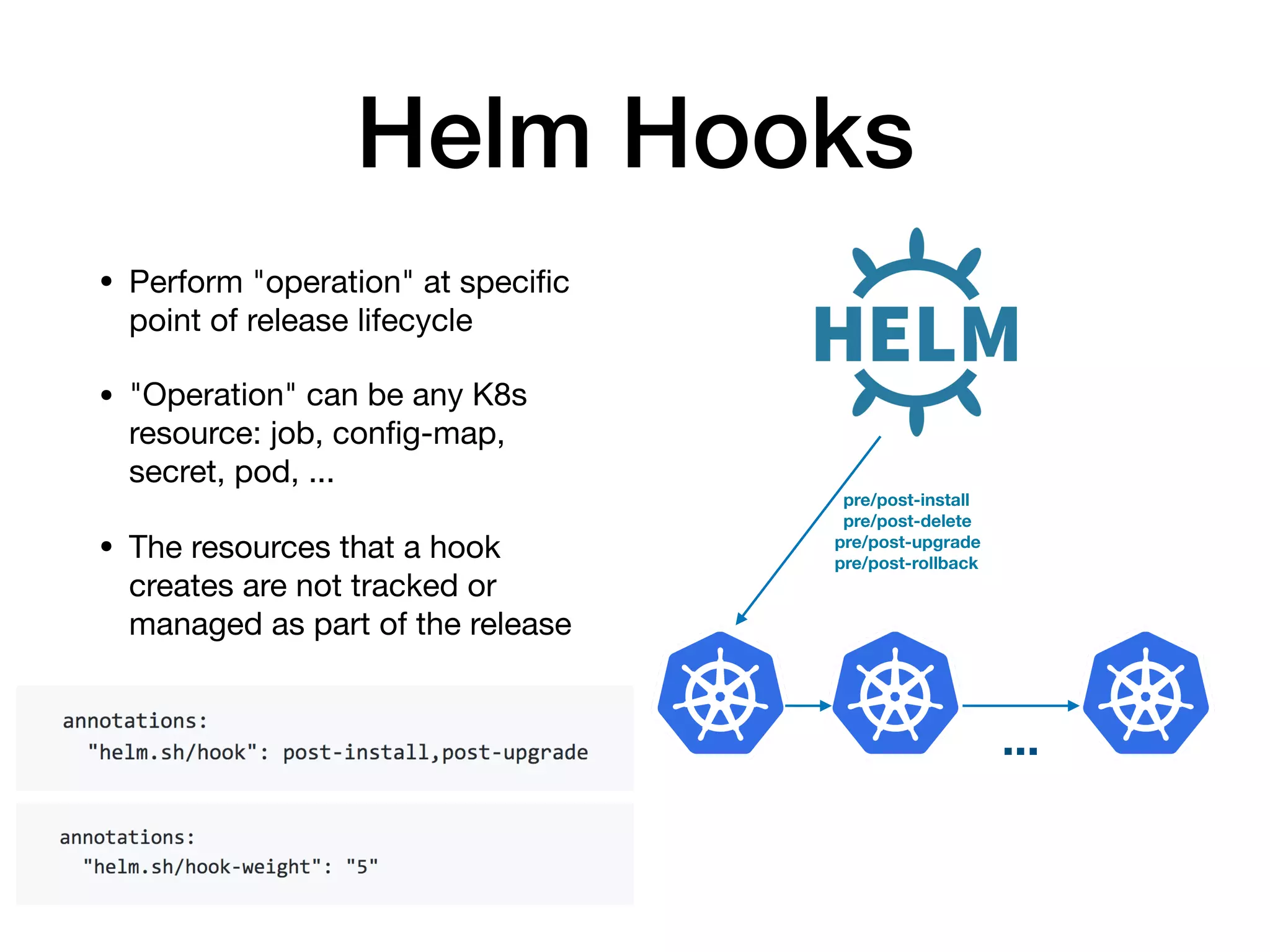 Helm Hooks
• Perform "operation" at speciﬁc
point of release lifecycle

• "Operation" can be any K8s
resource: job, conﬁg-map,
secret, pod, ...

• The resources that a hook
creates are not tracked or
managed as part of the release
...
pre/post-install
pre/post-delete
pre/post-upgrade
pre/post-rollback
 
