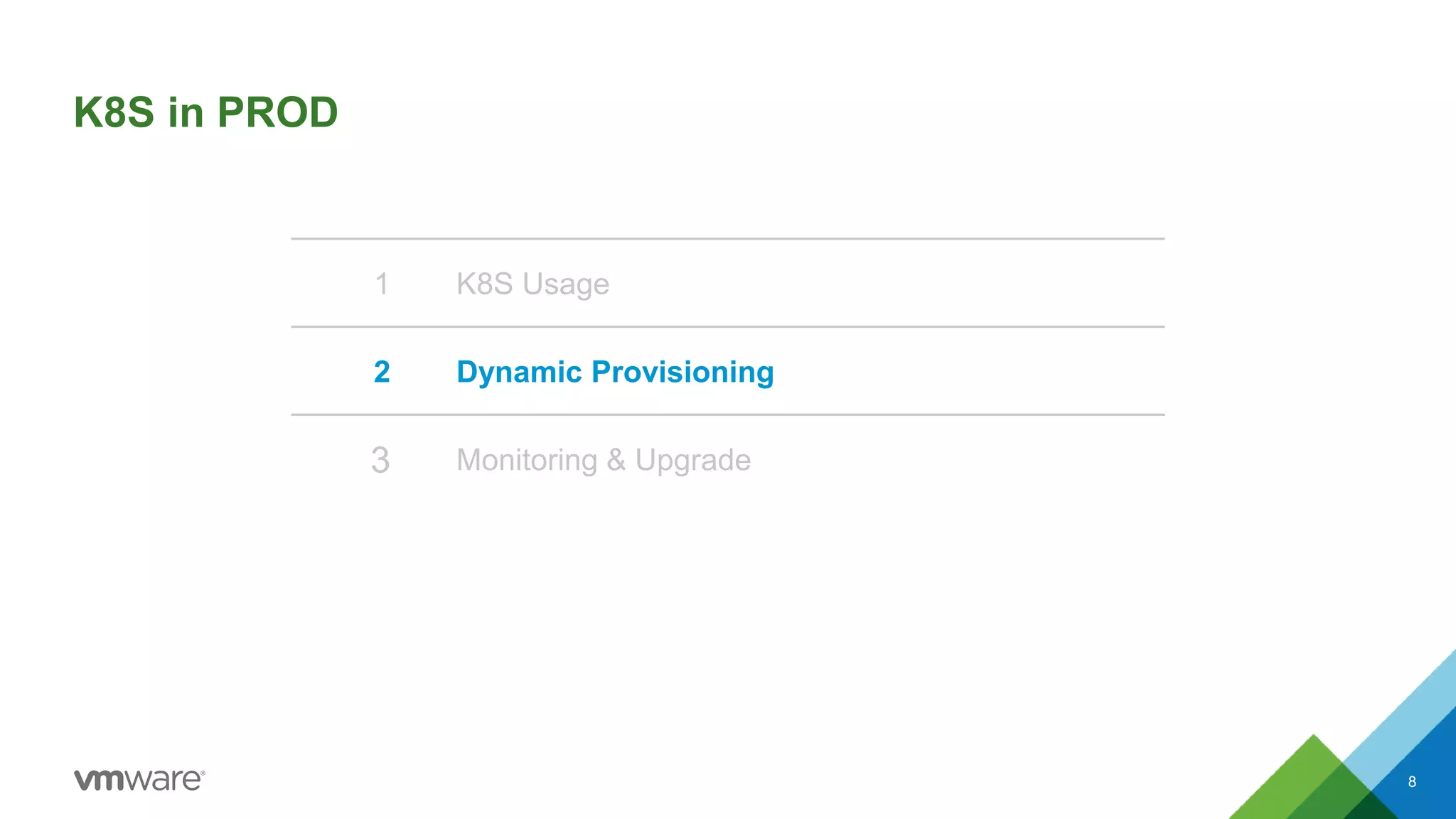 K8S in PROD
8
1 K8S Usage
2 Dynamic Provisioning
3 Monitoring & Upgrade
 