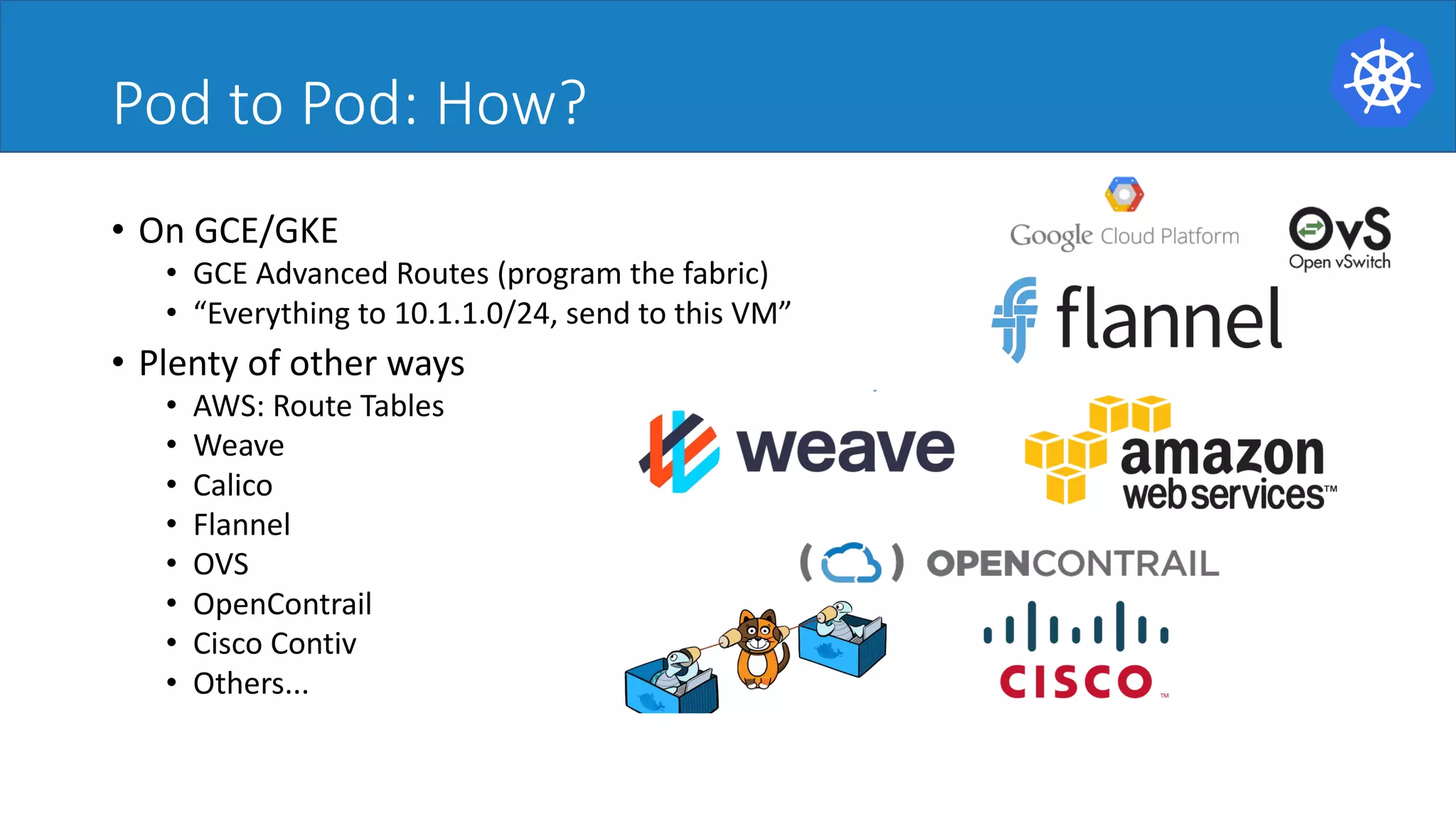 Pod to Pod: How?
• On	GCE/GKE	
• GCE	Advanced	Routes	(program	the	fabric)	
• “Everything	to	10.1.1.0/24,	send	to	this	VM”	
• Plenty	of	other	ways	
• AWS:	Route	Tables	
• Weave	
• Calico	
• Flannel	
• OVS	
• OpenContrail
• Cisco	Contiv
• Others...	
 