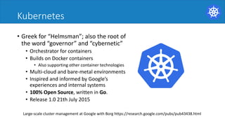 Kubernetes
• Greek for “Helmsman”; also the root of
the word “governor” and “cybernetic”
• Orchestrator for containers
• Builds on Docker containers
• Also supporting other container technologies
• Multi-cloud and bare-metal environments
• Inspired and informed by Google’s
experiences and internal systems
• 100% Open Source, written in Go.
• Release 1.0 21th July 2015
Large-scale	cluster	management	at	Google	with	Borg https://research.google.com/pubs/pub43438.html
 