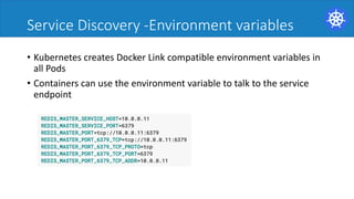 Service Discovery -Environment	variables
• Kubernetes	creates	Docker	Link	compatible	environment	variables	in	
all	Pods	
• Containers	can	use	the	environment	variable	to	talk	to	the	service	
endpoint	
 