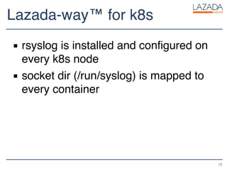 Lazada-way™ for k8s
▪ rsyslog is installed and configured on
every k8s node
▪ socket dir (/run/syslog) is mapped to
every container
10
 