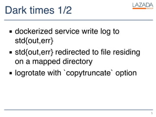 Dark times 1/2
▪ dockerized service write log to
std{out,err}
▪ std{out,err} redirected to file residing
on a mapped directory
▪ logrotate with `copytruncate` option
5
 