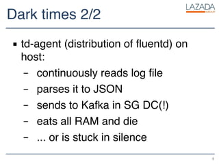 Dark times 2/2
▪ td-agent (distribution of fluentd) on
host:
– continuously reads log file
– parses it to JSON
– sends to Kafka in SG DC(!)
– eats all RAM and die
– ... or is stuck in silence
6
 
