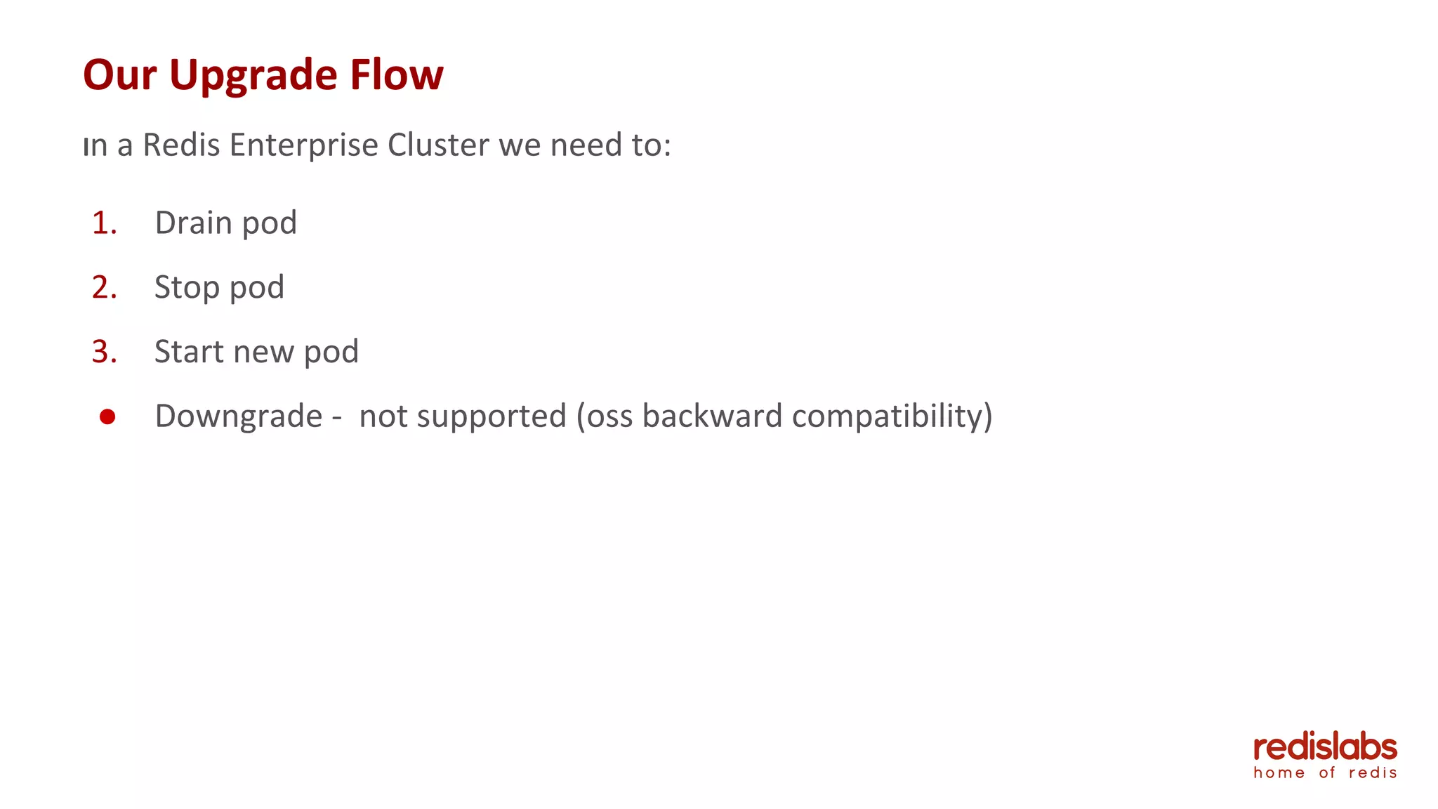 32
Our Upgrade Flow
In a Redis Enterprise Cluster we need to:
1. Drain pod
2. Stop pod
3. Start new pod
● Downgrade - not supported (oss backward compatibility)
 