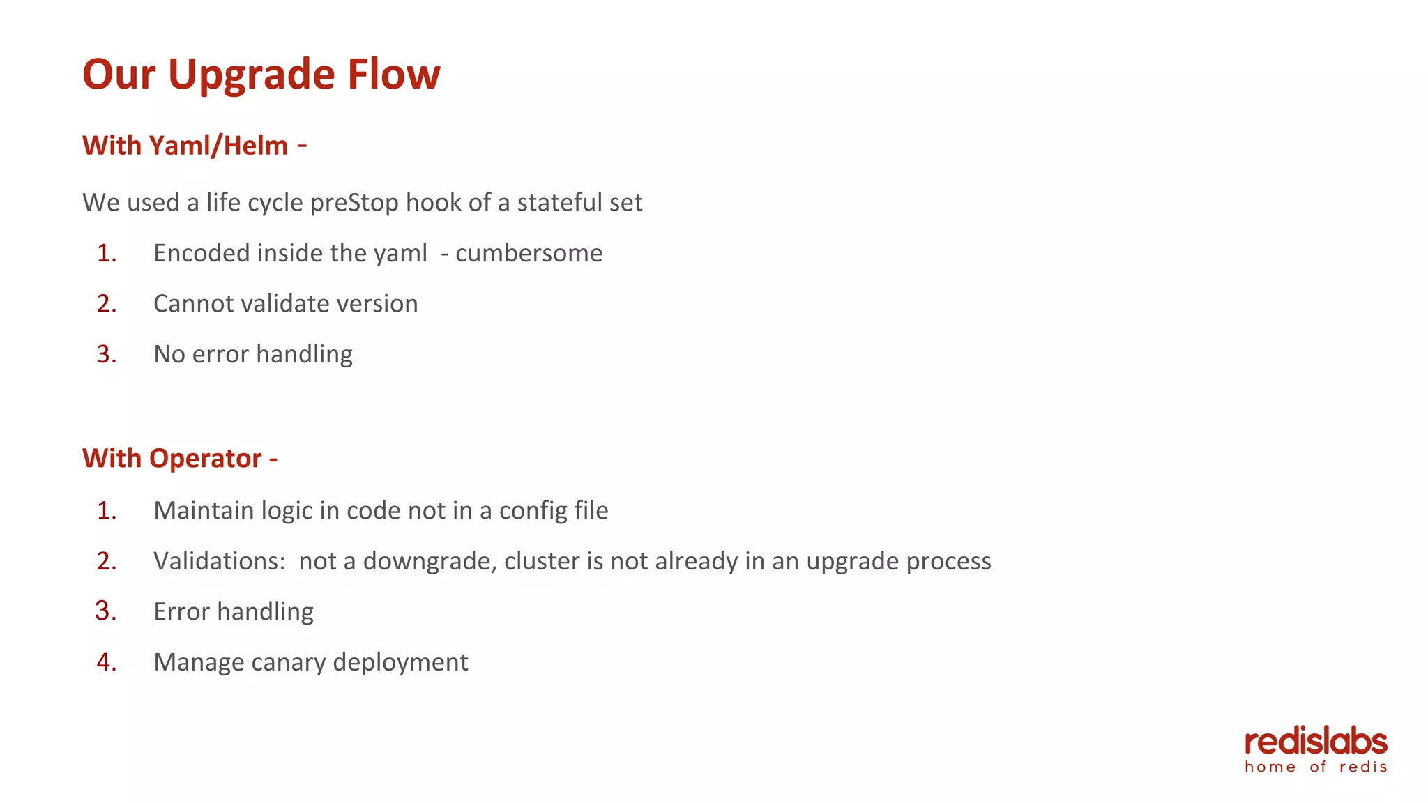 Our Upgrade Flow
With Yaml/Helm -
We used a life cycle preStop hook of a stateful set
1. Encoded inside the yaml - cumbersome
2. Cannot validate version
3. No error handling
With Operator -
1. Maintain logic in code not in a config file
2. Validations: not a downgrade, cluster is not already in an upgrade process
3. Error handling
4. Manage canary deployment
 