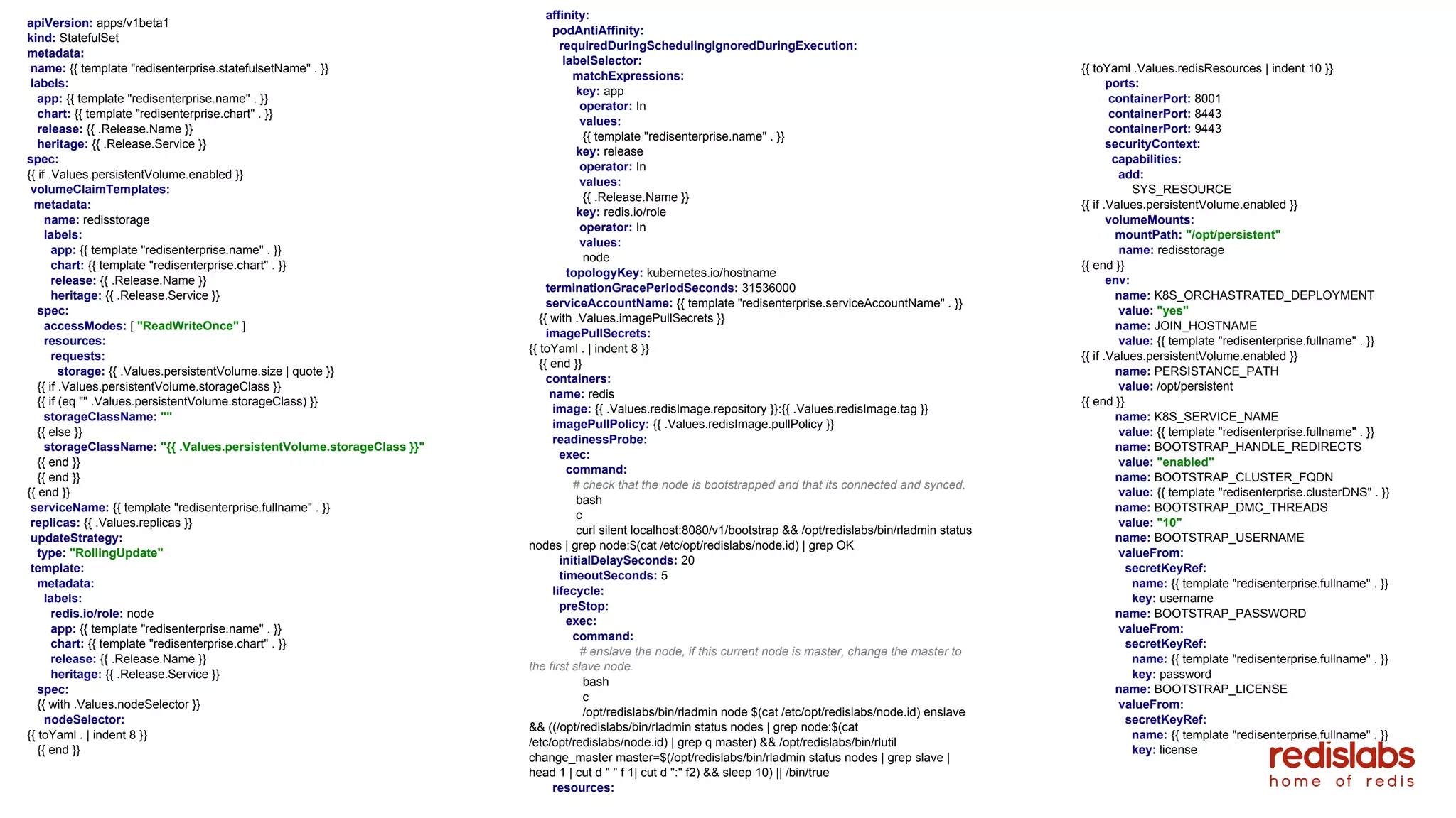 37
affinity:
podAntiAffinity:
requiredDuringSchedulingIgnoredDuringExecution:
labelSelector:
matchExpressions:
key: app
operator: In
values:
{{ template "redisenterprise.name" . }}
key: release
operator: In
values:
{{ .Release.Name }}
key: redis.io/role
operator: In
values:
node
topologyKey: kubernetes.io/hostname
terminationGracePeriodSeconds: 31536000
serviceAccountName: {{ template "redisenterprise.serviceAccountName" . }}
{{ with .Values.imagePullSecrets }}
imagePullSecrets:
{{ toYaml . | indent 8 }}
{{ end }}
containers:
name: redis
image: {{ .Values.redisImage.repository }}:{{ .Values.redisImage.tag }}
imagePullPolicy: {{ .Values.redisImage.pullPolicy }}
readinessProbe:
exec:
command:
# check that the node is bootstrapped and that its connected and synced.
bash
c
curl silent localhost:8080/v1/bootstrap && /opt/redislabs/bin/rladmin status
nodes | grep node:$(cat /etc/opt/redislabs/node.id) | grep OK
initialDelaySeconds: 20
timeoutSeconds: 5
lifecycle:
preStop:
exec:
command:
# enslave the node, if this current node is master, change the master to
the first slave node.
bash
c
/opt/redislabs/bin/rladmin node $(cat /etc/opt/redislabs/node.id) enslave
&& ((/opt/redislabs/bin/rladmin status nodes | grep node:$(cat
/etc/opt/redislabs/node.id) | grep q master) && /opt/redislabs/bin/rlutil
change_master master=$(/opt/redislabs/bin/rladmin status nodes | grep slave |
head 1 | cut d " " f 1| cut d ":" f2) && sleep 10) || /bin/true
resources:
{{ toYaml .Values.redisResources | indent 10 }}
ports:
containerPort: 8001
containerPort: 8443
containerPort: 9443
securityContext:
capabilities:
add:
SYS_RESOURCE
{{ if .Values.persistentVolume.enabled }}
volumeMounts:
mountPath: "/opt/persistent"
name: redisstorage
{{ end }}
env:
name: K8S_ORCHASTRATED_DEPLOYMENT
value: "yes"
name: JOIN_HOSTNAME
value: {{ template "redisenterprise.fullname" . }}
{{ if .Values.persistentVolume.enabled }}
name: PERSISTANCE_PATH
value: /opt/persistent
{{ end }}
name: K8S_SERVICE_NAME
value: {{ template "redisenterprise.fullname" . }}
name: BOOTSTRAP_HANDLE_REDIRECTS
value: "enabled"
name: BOOTSTRAP_CLUSTER_FQDN
value: {{ template "redisenterprise.clusterDNS" . }}
name: BOOTSTRAP_DMC_THREADS
value: "10"
name: BOOTSTRAP_USERNAME
valueFrom:
secretKeyRef:
name: {{ template "redisenterprise.fullname" . }}
key: username
name: BOOTSTRAP_PASSWORD
valueFrom:
secretKeyRef:
name: {{ template "redisenterprise.fullname" . }}
key: password
name: BOOTSTRAP_LICENSE
valueFrom:
secretKeyRef:
name: {{ template "redisenterprise.fullname" . }}
key: license
apiVersion: apps/v1beta1
kind: StatefulSet
metadata:
name: {{ template "redisenterprise.statefulsetName" . }}
labels:
app: {{ template "redisenterprise.name" . }}
chart: {{ template "redisenterprise.chart" . }}
release: {{ .Release.Name }}
heritage: {{ .Release.Service }}
spec:
{{ if .Values.persistentVolume.enabled }}
volumeClaimTemplates:
metadata:
name: redisstorage
labels:
app: {{ template "redisenterprise.name" . }}
chart: {{ template "redisenterprise.chart" . }}
release: {{ .Release.Name }}
heritage: {{ .Release.Service }}
spec:
accessModes: [ "ReadWriteOnce" ]
resources:
requests:
storage: {{ .Values.persistentVolume.size | quote }}
{{ if .Values.persistentVolume.storageClass }}
{{ if (eq "" .Values.persistentVolume.storageClass) }}
storageClassName: ""
{{ else }}
storageClassName: "{{ .Values.persistentVolume.storageClass }}"
{{ end }}
{{ end }}
{{ end }}
serviceName: {{ template "redisenterprise.fullname" . }}
replicas: {{ .Values.replicas }}
updateStrategy:
type: "RollingUpdate"
template:
metadata:
labels:
redis.io/role: node
app: {{ template "redisenterprise.name" . }}
chart: {{ template "redisenterprise.chart" . }}
release: {{ .Release.Name }}
heritage: {{ .Release.Service }}
spec:
{{ with .Values.nodeSelector }}
nodeSelector:
{{ toYaml . | indent 8 }}
{{ end }}
 