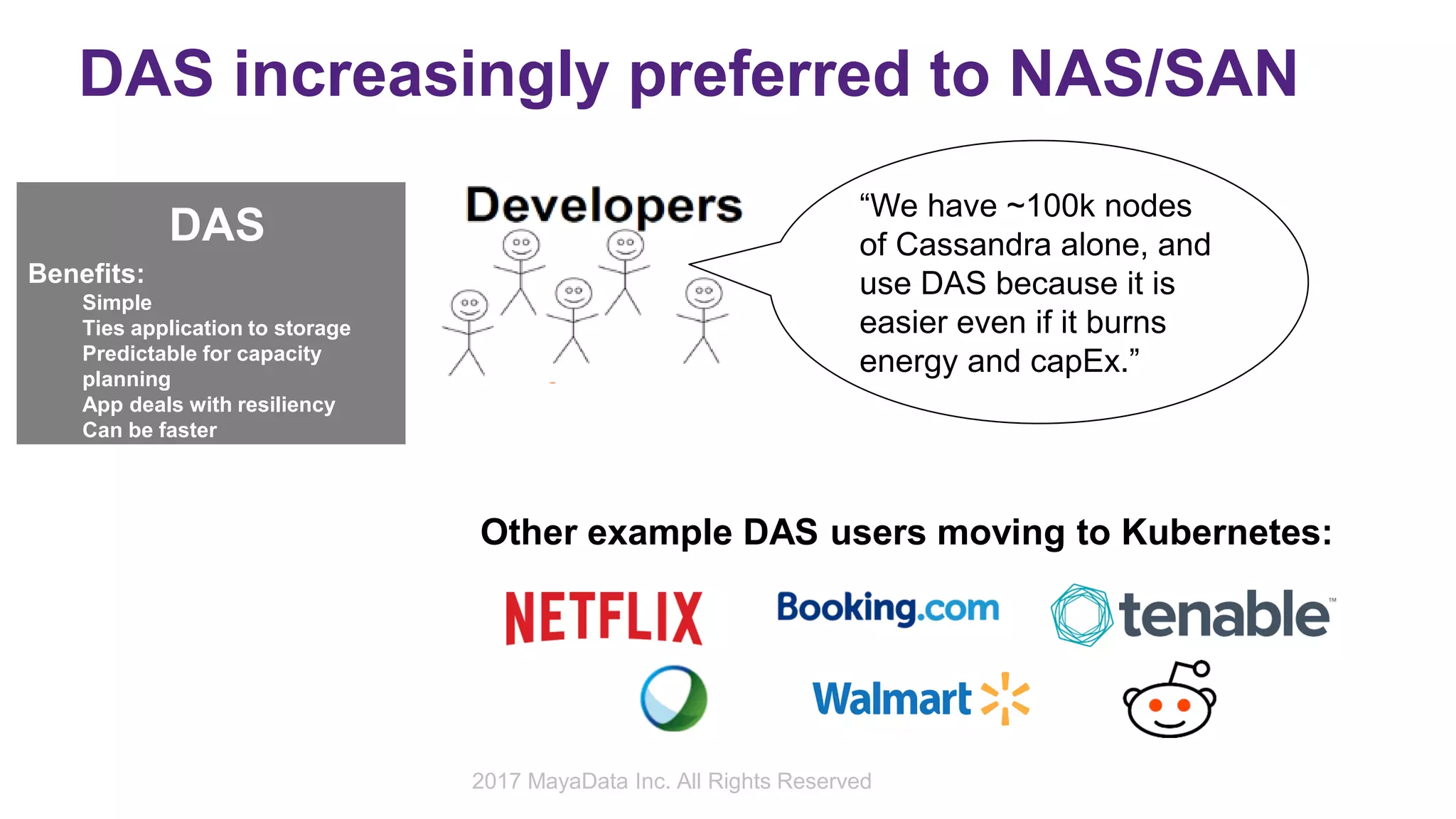 DAS increasingly preferred to NAS/SAN
DAS
Benefits:
Simple
Ties application to storage
Predictable for capacity
planning
App deals with resiliency
Can be faster
Concerns:
Under-utilized hardware
○ 10% or less utilization
Wastes data center
Difficult to manage
Lacks storage features
Cannot be repurposed - made
for one workload
Does not support mobility of
workloads via containers
Cross cloud impossible
Other example DAS users moving to Kubernetes:
2017 MayaData Inc. All Rights Reserved
“We have ~100k nodes
of Cassandra alone, and
use DAS because it is
easier even if it burns
energy and capEx.”
 