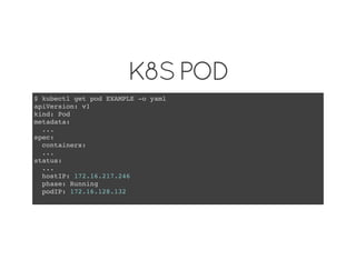 K8S POD
$ kubectl get pod EXAMPLE -o yaml
apiVersion: v1
kind: Pod
metadata:
...
spec:
containers:
...
status:
...
hostIP: 172.16.217.246
phase: Running
podIP: 172.16.128.132
 