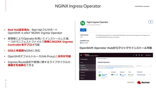 CONFIDENTIAL designator
V0000000
NGINX Ingress Operator
11
• Red Hat認定済み、Red Hatフルサポート
OpenShift 4.x向け NGINX Ingress Operator
• 管理者によりOperatorを⽤いてインストールした後、
⼀つのマニフェストファイルで簡単にNGINX Ingress
Controllerをデプロイ可能
• OSSと有償版NGINXに対応
• OpenShiftデフォルトルータ(HA-Proxy)と共存が可能
• Ingress/Route設定や管理に関するライフサイクルの
複雑さを抽象化できる
OpenShift Operator Hubからクリックでインストール可能
 