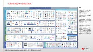 Cloud Native Landscape
出典︓Db0HvRqXcAACdbO.jpg:large (2048×1152) (twimg.com)
課題︓
・同じカテゴリーに同じ
ような事ができるツール
がたくさんある。
・全てのツールを把握す
る事は不可能。
・Enterprise で安⼼して
使⽤できそうなものがど
れかわからない。
・仮に良さそうなツール
を選択して組み合わせた
としても、/ サポートし
ているベンダーが⽇本に
いない / 問い合わせ先が
バラバラになる/ ⾃分で
サポートできるわけでな
し…
 