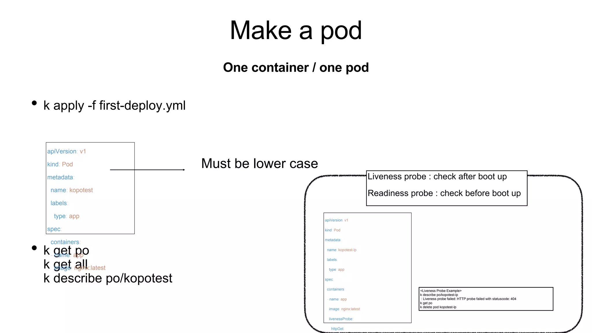 Make a pod
• k apply -f first-deploy.yml
• k get po
k get all
k describe po/kopotest
One container / one pod
apiVersion: v1
kind: Pod
metadata:
name: kopotest
labels:
type: app
spec:
containers:
- name: app
image: nginx:latest
Must be lower case
apiVersion: v1
kind: Pod
metadata:
name: kopotest-lp
labels:
type: app
spec:
containers:
- name: app
image: nginx:latest
livenessProbe:
httpGet:
<Liveness Probe Example>
k describe po/kopotest-lp
: Liveness probe failed: HTTP probe failed with statuscode: 404
k get po
k delete pod kopotest-lp
Liveness probe : check after boot up
Readiness probe : check before boot up
 