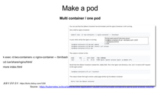 Make a pod
Multi container / one pod
Do this work-around if dns error occurs…
root@two-containers:/# cat > etc/resolv.conf <<EOF
> nameserver 8.8.8.8
> EOF
Source : https://kubernetes.io/docs/tasks/access-application-cluster/communicate-containers-same-pod-shared-volume/
k exec -it two-containers -c nginx-container -- /bin/bash
cd /usr/share/nginx/html/
more index.html
볼륨의 종류 참조 : https://bcho.tistory.com/1259
 
