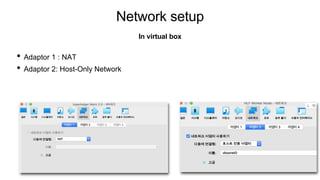 Network setup
• Adaptor 1 : NAT
• Adaptor 2: Host-Only Network
In virtual box
 