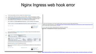 Nginx Ingress web hook error
Source : https://stackoverflow.com/questions/61365202/nginx-ingress-service-ingress-nginx-controller-admission-not-found
Error from server (InternalError): error when creating "STDIN": Internal error occurred: failed calling webhook
"validate.nginx.ingress.kubernetes.io": Post https://ingress-nginx-controller-admission.ingress-nginx.svc:443/extensions/v1beta1/ingresses?timeout=30s:
service "ingress-nginx-controller-admission" not found
Then you might have to delete ValidatingWebhookConfiguration (workaround)
kubectl delete -A ValidatingWebhookConfiguration ingress-nginx-admission
 