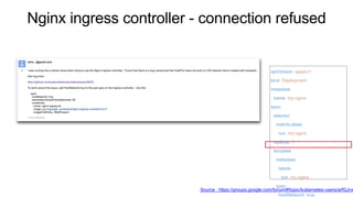 Nginx ingress controller - connection refused
Source : https://groups.google.com/forum/#!topic/kubernetes-users/arfGJnx
apiVersion: apps/v1
kind: Deployment
metadata:
name: my-nginx
spec:
selector:
matchLabels:
run: my-nginx
replicas: 2
template:
metadata:
labels:
run: my-nginx
spec:
hostNetwork: true
 