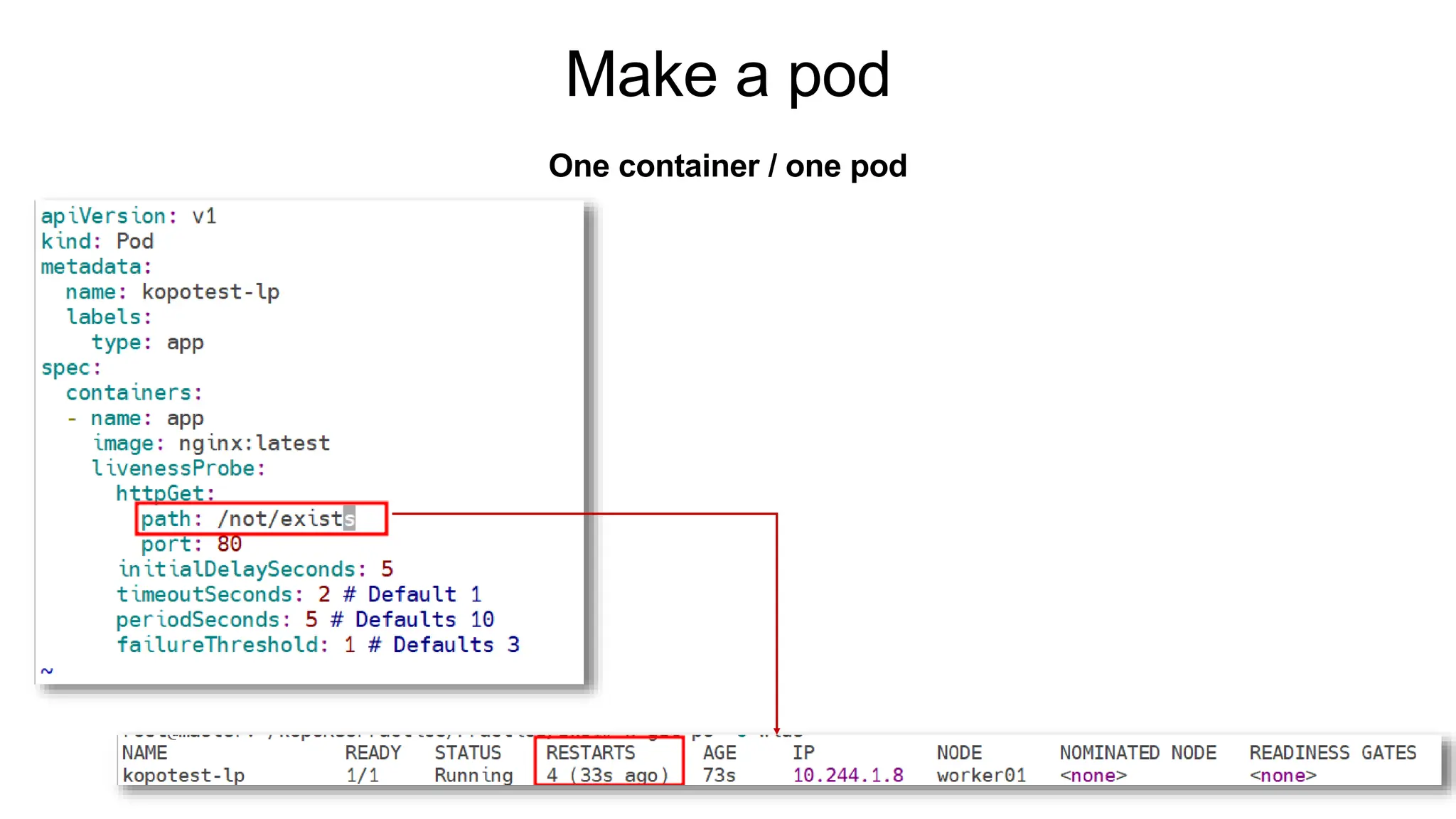 Make a pod
One container / one pod
 